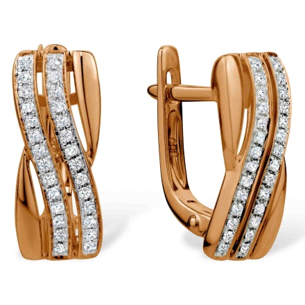 Earrings with Two Wavy Rows of Diamonds. Hypoallergenic 585 Rose Gold, Rhodium Detailing