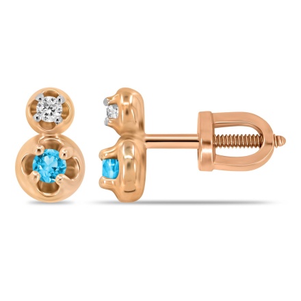 Blue Topaz and Diamond Two-Stone Stud Earrings. Hypoallergenic 585 (14K) Rose Gold, Screw Backs