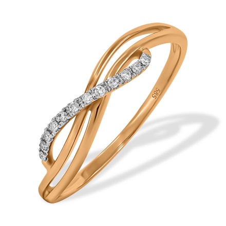 Criss-cross Wavy Ring Featuring 12 Diamonds. Hypoallergenic 585 Rose Gold, Rhodium Detailing