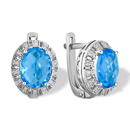 Heavenly-Blue Topaz and Diamond Earrings. Certified 585 (14kt) White Gold, Rhodium Finish