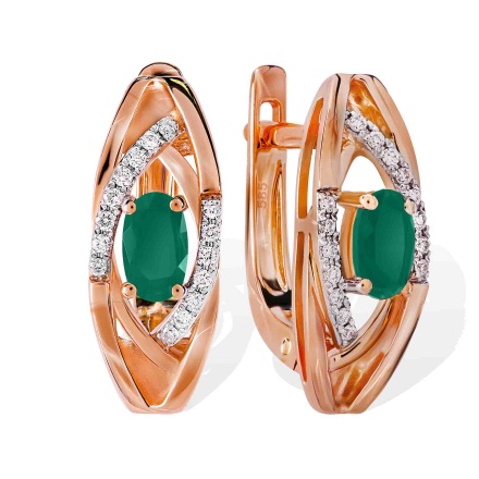 Earrings with 2 Oval-cut Emeralds and 30 Diamonds. Hypoallergenic Cadmium-free 585 (14K) Rose Gold