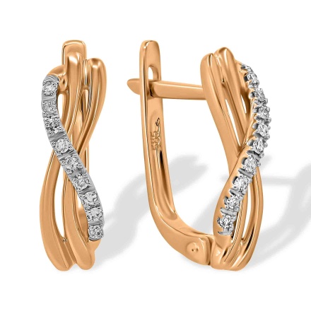 Earrings Featuring 18 Diamonds. Hypoallergenic 585 Rose Gold, Rhodium Detailing