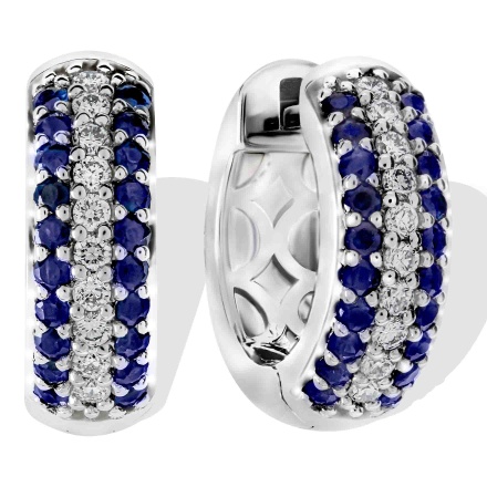 Sapphire and Diamond Striped Huggie Earrings. Tested 585 (14K) White Gold, Rhodium Finish