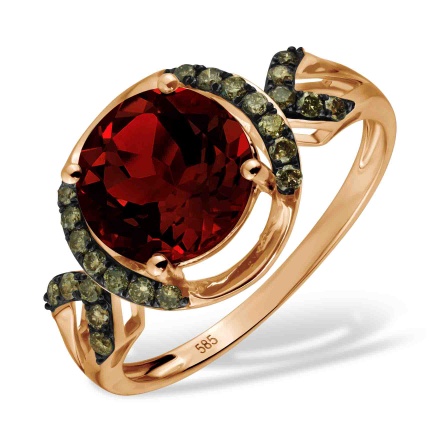 Ring with Round Garnet and Champagne Diamonds. Hypoallergenic 585 (14K) Rose Gold, Black Rhodium