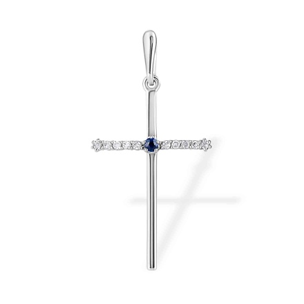 Diamond and Sapphire Subtle Cross. Certified 585 (14kt) White Gold, Rhodium Finish