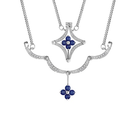 Sapphire and Diamond Convertible Necklace. Certified 585 (14kt) White Gold, Rhodium Finish