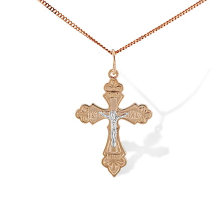 Russian-style Crucifix Pendant. Certified 585 (14kt) Rose and White Gold