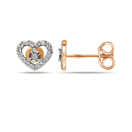 Diamond Heart-shaped Stud Earrings. Certified 585 (14kt) Rose Gold, Friction Backs