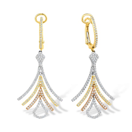 Tri-color Gold Dangle Earrings with 250 Diamonds. Tested 585 (14K) Rose, Yellow and White Gold