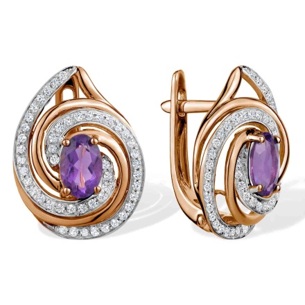 "Fantasy" Amethyst and Diamond Earrings. Hypoallergenic 585 Rose Gold, Rhodium Detailing