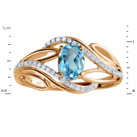 Blue Topaz and Diamond Ring with Artistic Flair. Hypoallergenic 585 Rose Gold, Rhodium Detailing. View 2