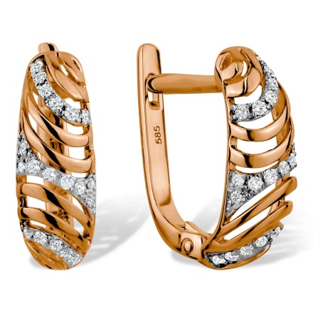 Italian Style Openwork Diamond Earrings. Hypoallergenic 585 Rose Gold, Rhodium Detailing