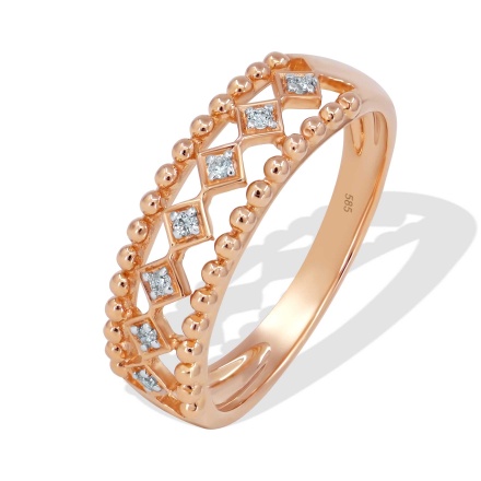 Flirty Diamond Ring with Beaded Edges. Hypoallergenic Cadmium-free 585 (14K) Rose Gold