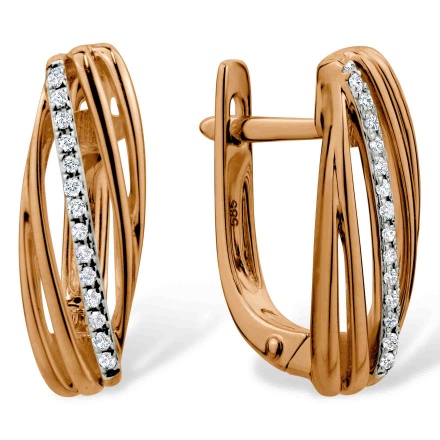 Abstract Design Earrings Featuring Petite Diamonds. Hypoallergenic 585 Rose Gold, Rhodium Detailing