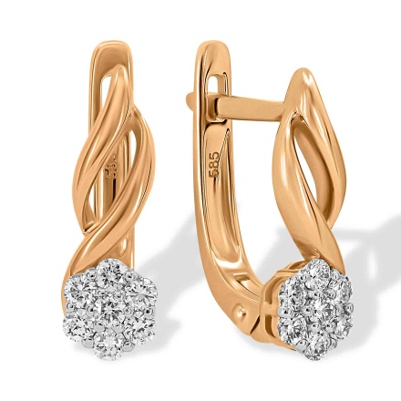 Earrings with Diamond Clusters and Curved Arches. Hypoallergenic 585 Rose Gold, Rhodium Detailing