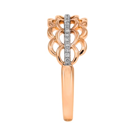 Woven Design Gold Ring Featuring 25 Diamonds. Hypoallergenic 585 Rose Gold, Rhodium Detailing. View 3