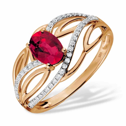 Ring with Hot Ruby and 45 Diamonds. Hypoallergenic 585 Rose Gold, Rhodium Detailing