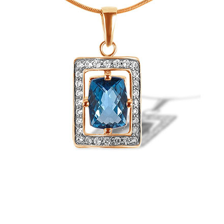 Fancy Cushion Blue Topaz and CZ Pendant. Certified 585 (14kt) Rose and White Gold