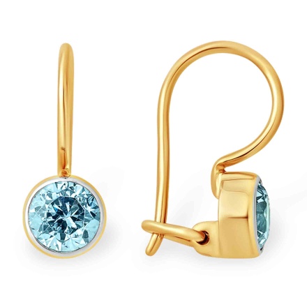 Bezel Blue Topaz-like CZ French Wire Earrings. Certified 585 (14kt) Rose Gold, Rhodium Detailing