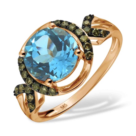 Ring with Round Blue Topaz and Champagne Diamonds. Hypoallergenic 585 (14K) Rose Gold, Black Rhodium