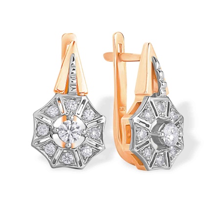 Art Deco Style Certified Natural Diamond Earrings. Tested 585 (14kt) Rose and White Gold
