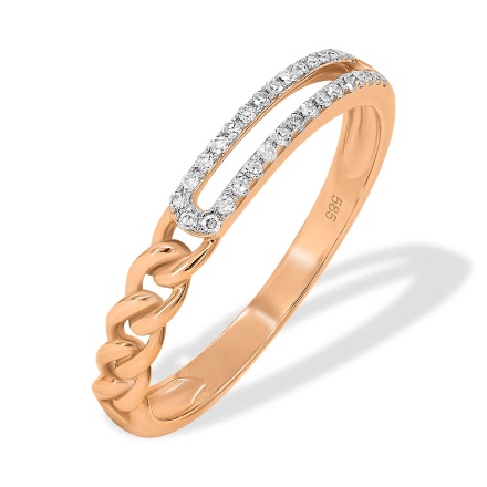 Diamond Ring of Open Concept and Chainlink Design. Hypoallergenic 585 Rose Gold, Rhodium Detailing