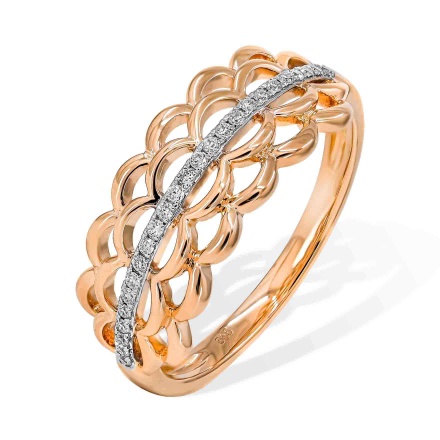 Woven Design Gold Ring Featuring 25 Diamonds. Hypoallergenic 585 Rose Gold, Rhodium Detailing