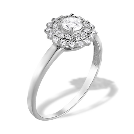 New York Style Diamond Double Halo Ring. Tested 585 (14kt) White Gold, Rhodium Finish