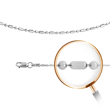 Ball 'n' Bar-link Solid Chain, Width 1.4mm. Certified 585 White Gold, Rhodium, Diamond Cuts