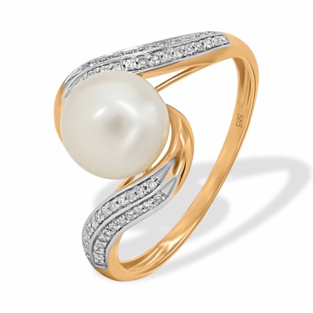 "A Flirty Dream" Ring with Pearl and 50 Diamonds. Hypoallergenic 585 Rose Gold, Rhodium Detailing