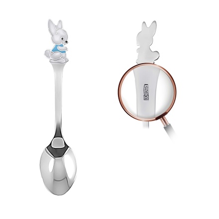 Baby Silver Spoon with a Bunny Wearing a Blue Vest. Antimicrobial 925/999 Silver, Hot Enamel. View 2