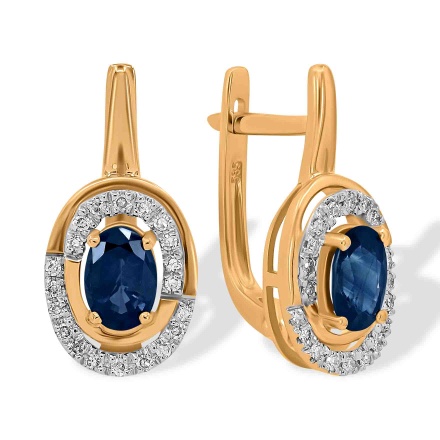 Earrings Featuring 2 Sapphires and 40 Diamonds. Hypoallergenic 585 Rose Gold, Rhodium Detailing