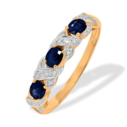 Ring with 10 Diamonds and 3 Oval-cut Sapphires. Hypoallergenic 585 Rose Gold, Rhodium Detailing