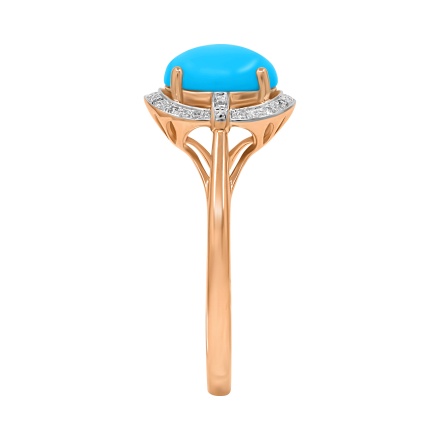 Ring with Turquoise Cabochon in Diamond Frame. Hypoallergenic 585 Rose Gold, Rhodium Detailing. View 3