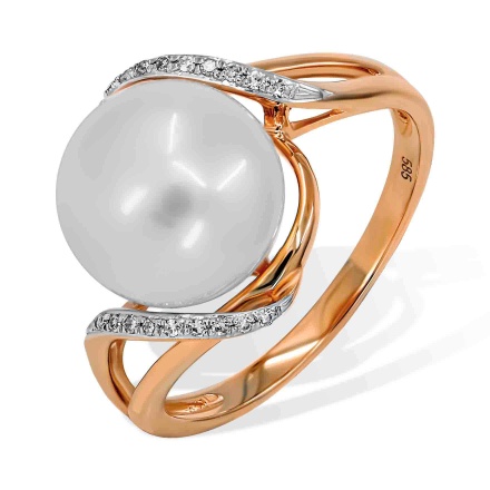 'Afrodite' Pearl and Diamond Ring. Hypoallergenic 585 Rose Gold, Rhodium Detailing