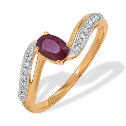 Ring Featuring Ruby and 16 Diamonds. Hypoallergenic 585 Rose Gold, Rhodium Detailing