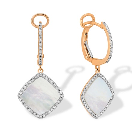 Diamond Earrings with Nacre Rhombus Pendants. Hypoallergenic 585 Rose Gold, Rhodium Detailing