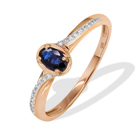 Ring with an Oval Sapphire Flanked by 20 Diamonds. Hypoallergenic 585 Rose Gold, Rhodium Detailing