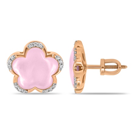 Flora-inspired Pink Nacre and Diamond Studs. Hypoallergenic 585 (14K) Rose Gold, Screw Backs
