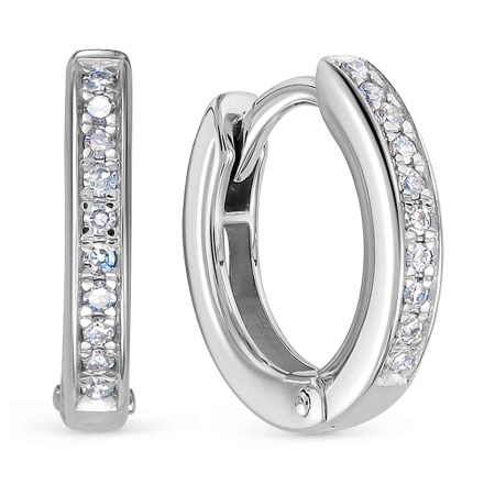 20 Diamonds Half-Eternity Huggie Earrings. Certified 585 (14kt) White Gold, Rhodium Finish