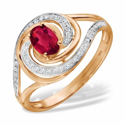 "Fantasy" Ruby and Diamond Ring. Hypoallergenic 585 Rose Gold, Rhodium Detailing
