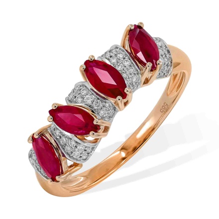"Kisses of Marquise de Pompadour" Ruby Ring. 47 Diamonds, 4 Rubies, 585 Rose Gold, Rhodium