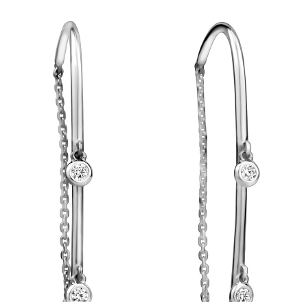 White Gold Threader Earrings with Hanging Diamonds - Angle 2