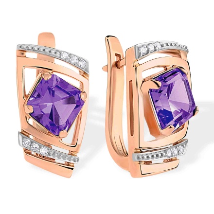 Amethyst & Diamond Quadrilateral-shaped Earrings. Certified 585 (14kt) Rose and White Gold
