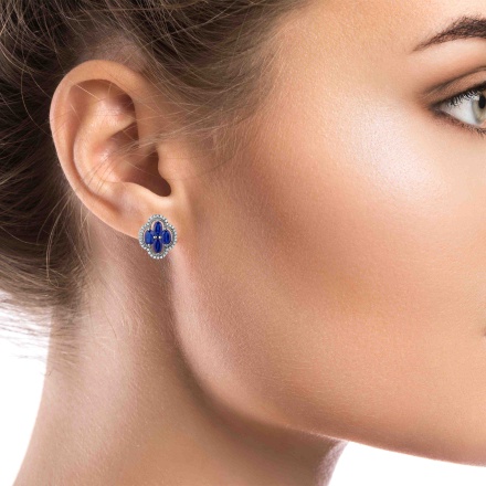 Sapphire and Diamond Shield-style Earrings in 14K White Gold on a Model