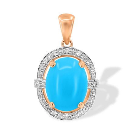 Pendant with Turquoise Cabochon in Diamond Frame. Hypoallergenic 585 Rose Gold, Rhodium Detailing
