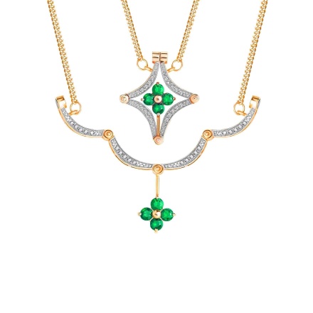 Emerald and Diamond Convertible Necklace. Certified 585 (14kt) Rose Gold, Rhodium Detailing