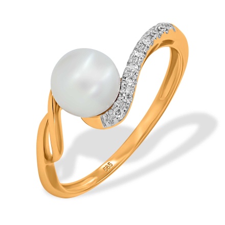 Ring with 7mm Cultured Pearl and 9 Diamonds. Hypoallergenic 585 Rose Gold, Rhodium Detailing
