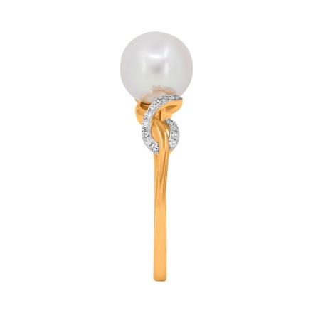 Ring with 8mm Cultured Pearl and 28 Diamonds. Hypoallergenic 585 Rose Gold, Rhodium Detailing. View 3
