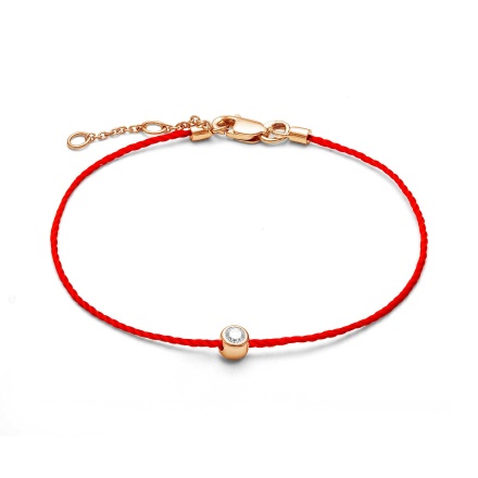 Adjustable Red String Bracelet with a Diamond. Certified 585 (14kt) Rose Gold